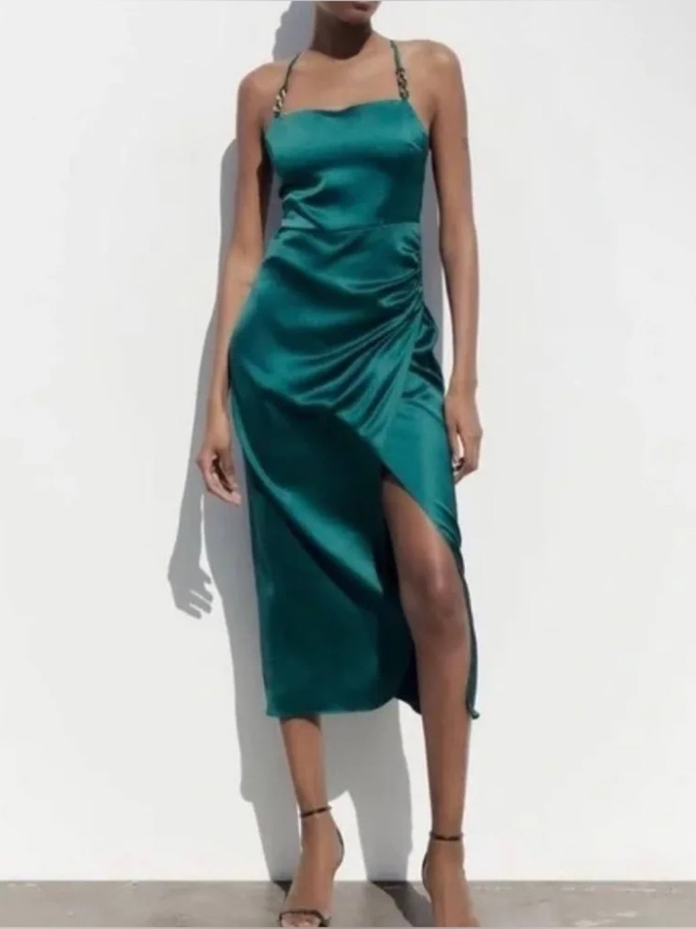 ZARA Emerald Green Satin Camisole Midi Dress Chain Strap XS - Read Desc